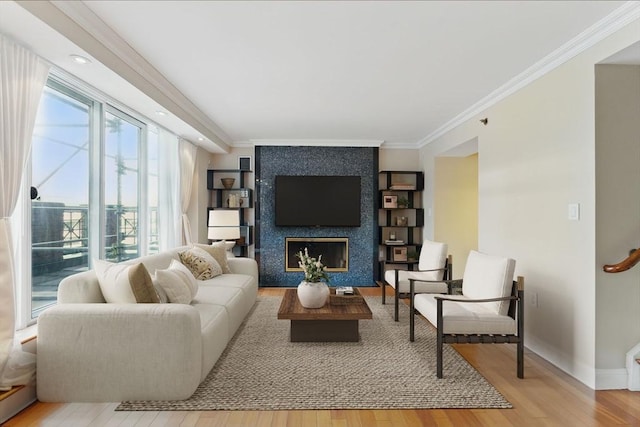 10 Rogers St Unit Ph19, Cambridge, MA 02142 - living area with baseboards, light wood-style floors, crown molding, and a large fireplace
