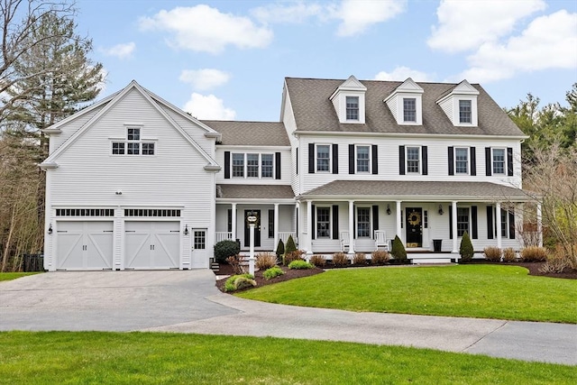 view of front of house featuring covered porch, a garage, concrete driveway, roof with shingles, and a front lawn