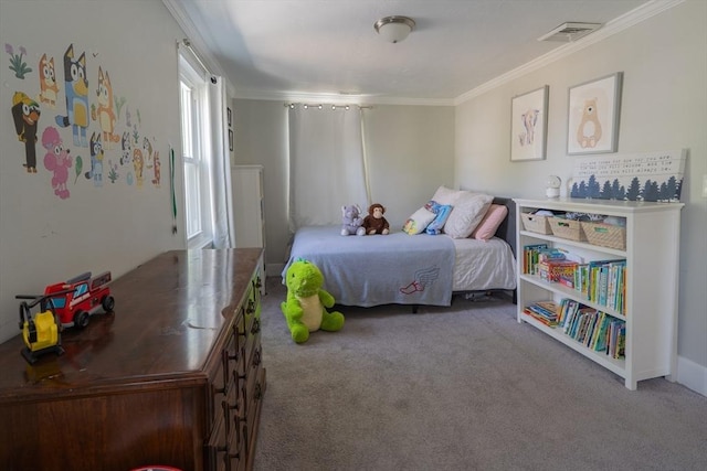 carpeted bedroom with visible vents and ornamental molding