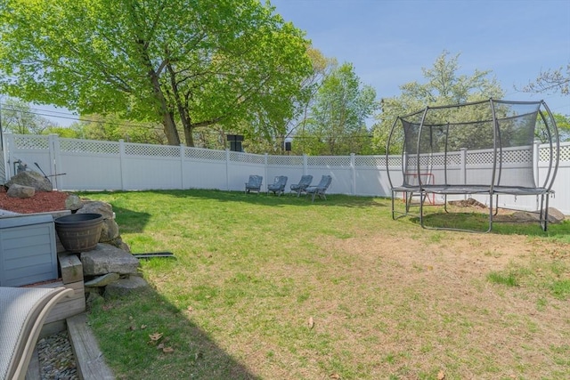 view of yard with a fenced backyard and a trampoline