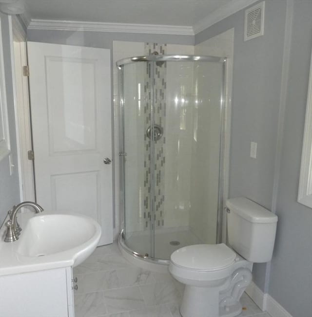 bathroom with visible vents, ornamental molding, a stall shower, and toilet