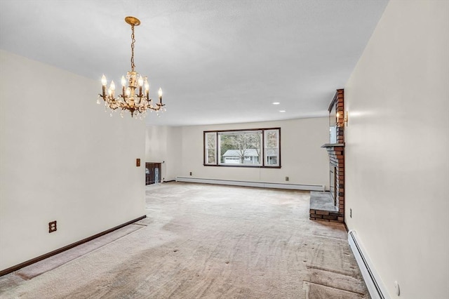 unfurnished living room with a baseboard heating unit, carpet, a fireplace, a baseboard radiator, and baseboards