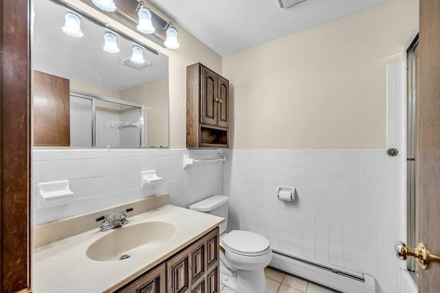 bathroom featuring a baseboard radiator, a shower stall, tile walls, toilet, and tile patterned floors