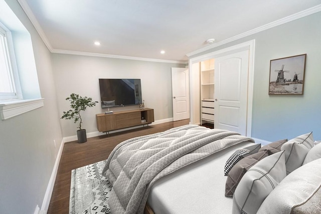 bedroom featuring dark wood-type flooring and ornamental molding