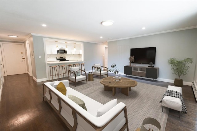 living room featuring crown molding and dark wood-type flooring