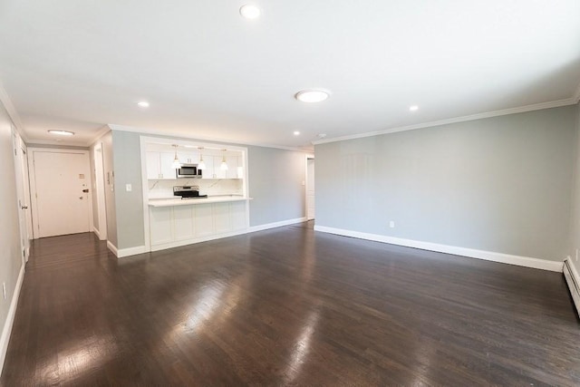 unfurnished living room featuring dark hardwood / wood-style flooring and crown molding