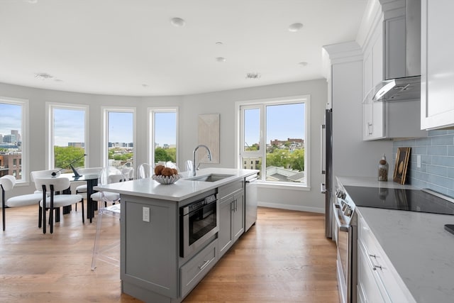 kitchen featuring appliances with stainless steel finishes, wall chimney exhaust hood, light wood-type flooring, a kitchen island with sink, and sink