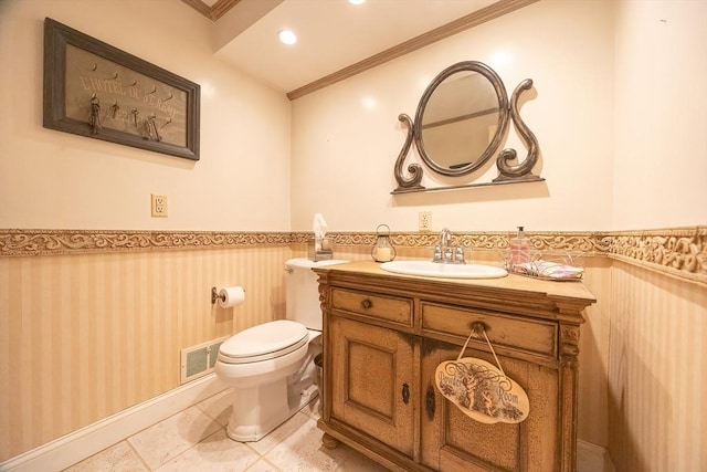 10 Victoria Cir, Norwood, MA 02062 - half bathroom with wainscoting, ornamental molding, vanity, and recessed lighting