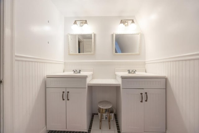 10 Victoria Cir, Norwood, MA 02062 - full bath featuring two vanities, wainscoting, and tile patterned flooring