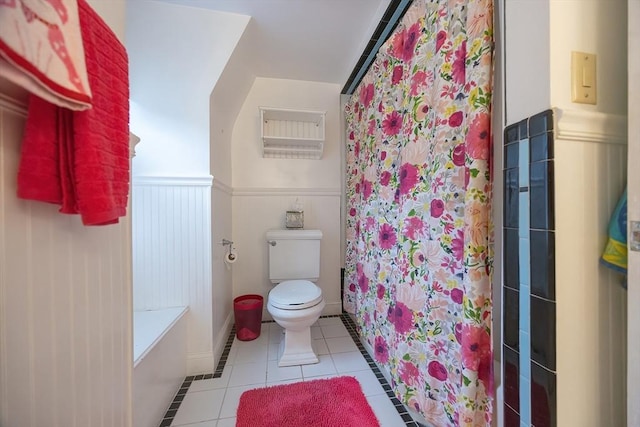 10 Victoria Cir, Norwood, MA 02062 - bathroom featuring tile patterned flooring, a wainscoted wall, a shower with shower curtain, and a tub