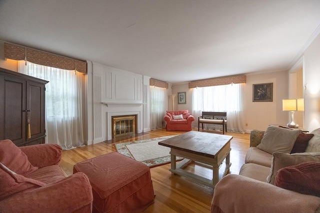10 Victoria Cir, Norwood, MA 02062 - living area with a fireplace with flush hearth, light wood finished floors, and crown molding