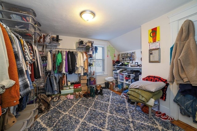 walk in closet with hardwood / wood-style flooring and lofted ceiling