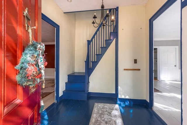 490 Plymouth, Bridgewater, MA 02324 - foyer entrance with stairs, a chandelier, and dark wood-type flooring