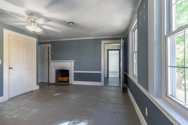 490 Plymouth, Bridgewater, MA 02324 - unfurnished living room with plenty of natural light, ornamental molding, a fireplace with flush hearth, and a ceiling fan