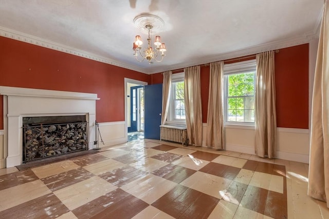 490 Plymouth, Bridgewater, MA 02324 - unfurnished living room featuring radiator heating unit, a chandelier, a fireplace, and ornamental molding