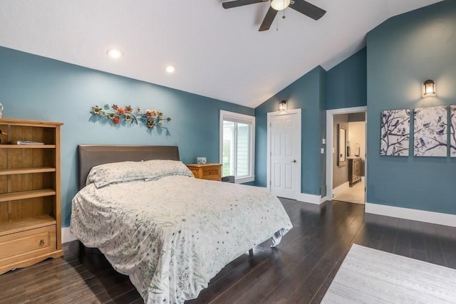 bedroom with wood finished floors, a closet, baseboards, ceiling fan, and high vaulted ceiling