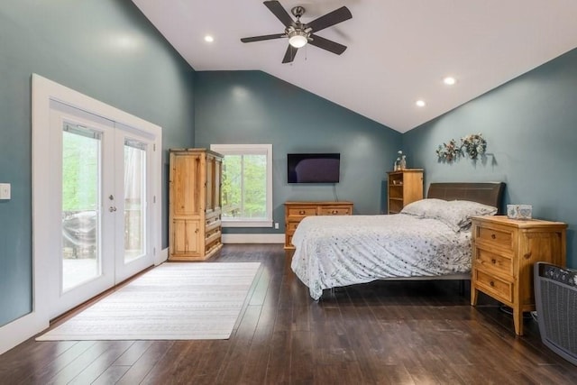 bedroom with french doors, access to exterior, vaulted ceiling, multiple windows, and hardwood / wood-style floors
