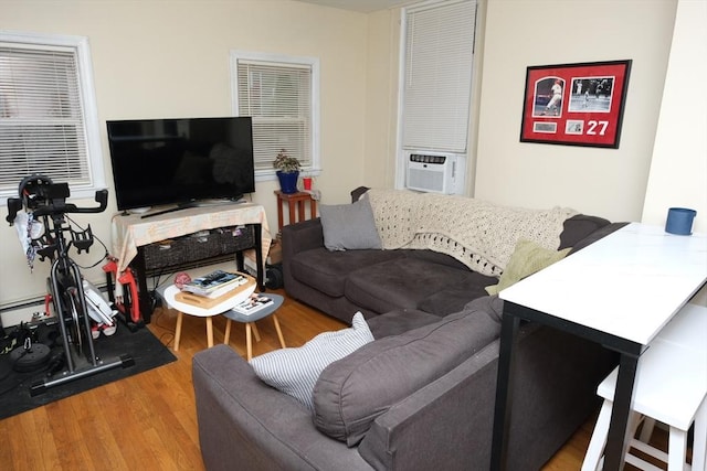 287 W 5th St, Boston, MA 02127 - living room featuring cooling unit, wood finished floors, and baseboard heating