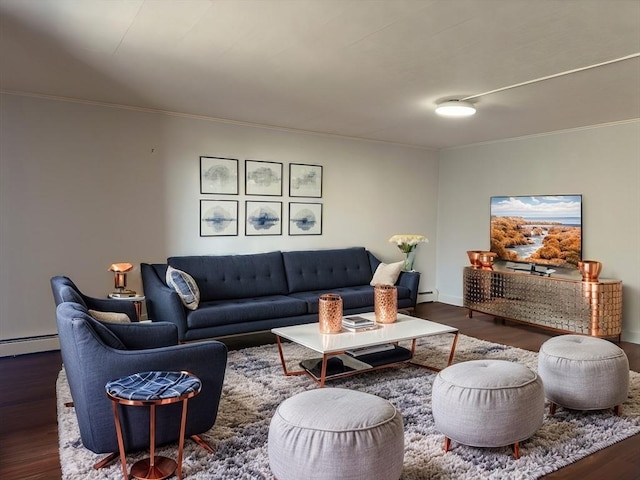 living room with dark wood-type flooring, crown molding, and baseboard heating