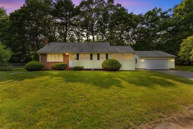 28 Windsor Cir, Brockton, MA 02301 - ranch-style home featuring driveway, a chimney, an attached garage, an outbuilding, and brick siding