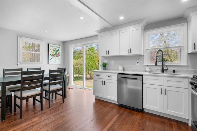kitchen featuring stainless steel appliances, recessed lighting, a sink, and dark wood-type flooring