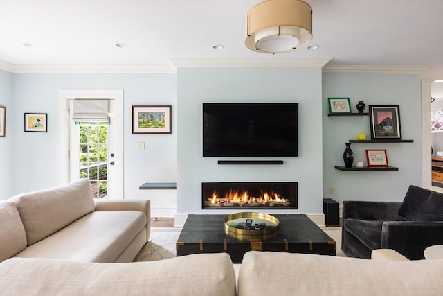 26 Sterling St, Newton, MA 02465 - living area with a lit fireplace, crown molding, recessed lighting, and wood finished floors