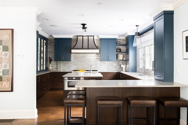 26 Sterling St, Newton, MA 02465 - kitchen featuring blue cabinets, premium range hood, light countertops, oven, and a peninsula