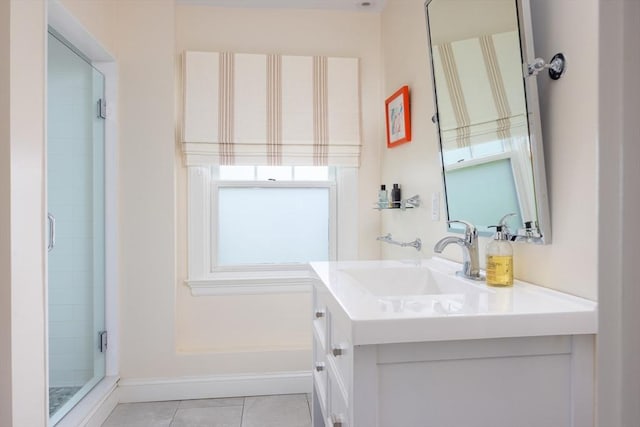 26 Sterling St, Newton, MA 02465 - full bath featuring vanity, a stall shower, tile patterned floors, and baseboards