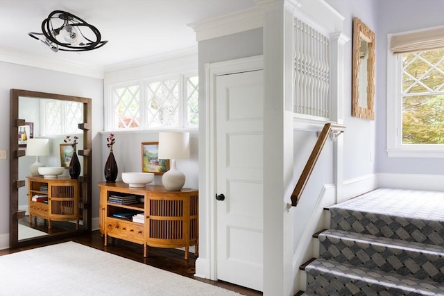 26 Sterling St, Newton, MA 02465 - stairs featuring wood finished floors and ornamental molding