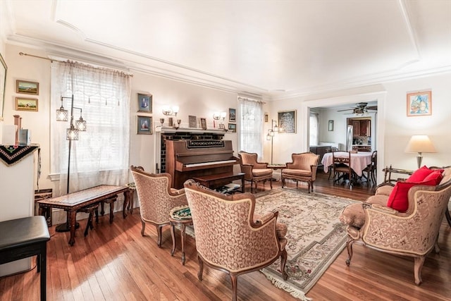 159 White St Unit 159, Belmont, MA 02478 - living area featuring hardwood / wood-style flooring, ceiling fan, and ornamental molding