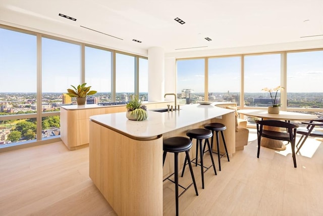 kitchen featuring a spacious island, modern cabinets, light wood-type flooring, and a sink