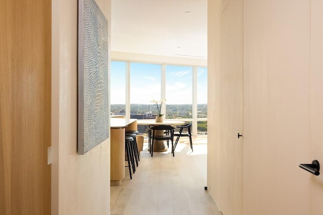 hallway featuring a wall of windows and light wood-type flooring