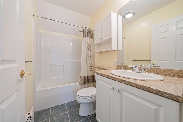 307 York St, Canton, MA 02021 - bathroom with vanity, toilet, tile patterned floors, a baseboard radiator, and shower / tub combo