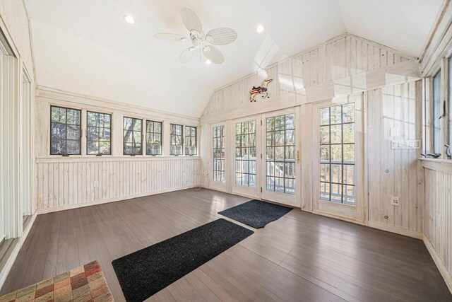 307 York St, Canton, MA 02021 - unfurnished sunroom featuring french doors, wood-type flooring, vaulted ceiling, and wooden walls