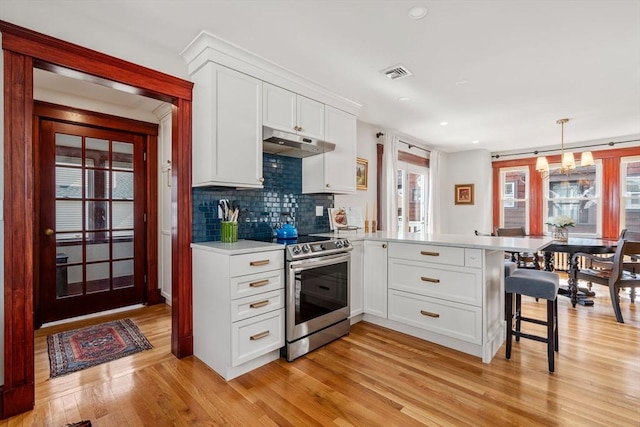 kitchen with light wood finished floors, visible vents, under cabinet range hood, stainless steel range with electric cooktop, and a peninsula