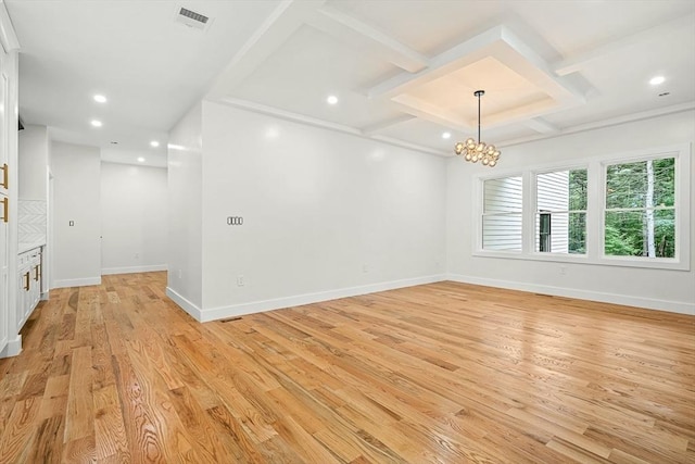 12 Martin St, Carlisle, MA 01741 - unfurnished room with coffered ceiling, a chandelier, light wood finished floors, recessed lighting, and beamed ceiling