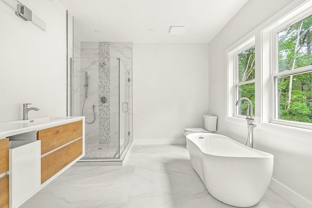 12 Martin St, Carlisle, MA 01741 - full bathroom featuring marble finish floors, a marble finish shower, a freestanding tub, and vanity