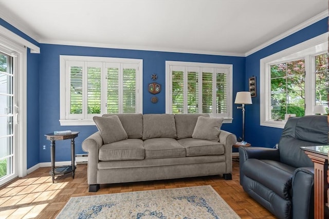 16 Bailey Ln, Dedham, MA 02026 - living area with healthy amount of natural light, baseboards, crown molding, and a baseboard heating unit