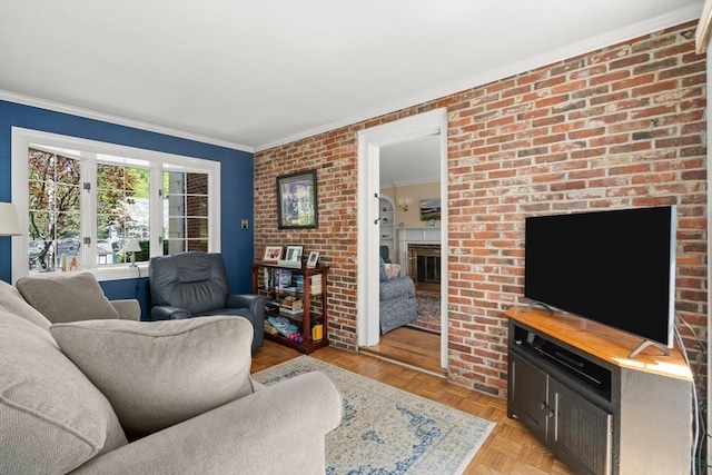 16 Bailey Ln, Dedham, MA 02026 - living room with ornamental molding and a brick fireplace
