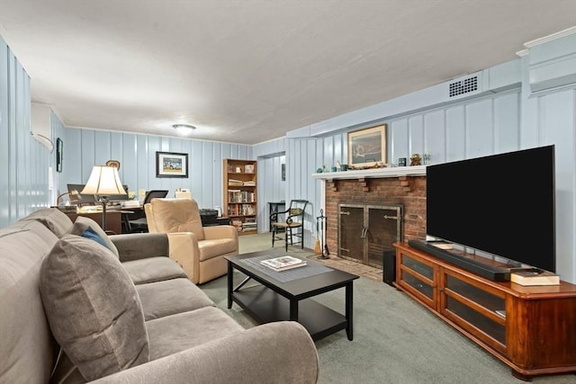 16 Bailey Ln, Dedham, MA 02026 - living area featuring a decorative wall, a brick fireplace, and carpet flooring