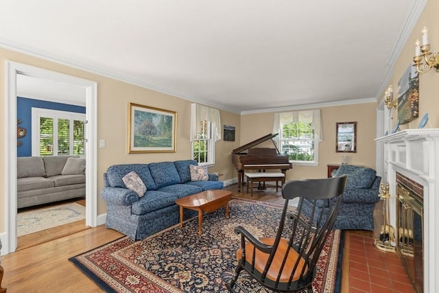 16 Bailey Ln, Dedham, MA 02026 - living room featuring plenty of natural light, crown molding, a fireplace with flush hearth, baseboards, and wood finished floors