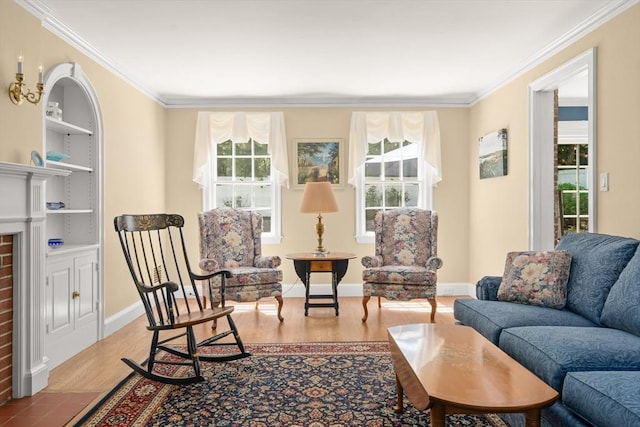 16 Bailey Ln, Dedham, MA 02026 - living area featuring crown molding, wood finished floors, built in features, baseboards, and a fireplace
