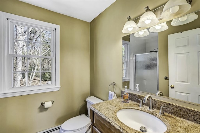 56 Ireta Rd, Shrewsbury, MA 01545 - full bath featuring a stall shower, toilet, vanity, and a baseboard heating unit