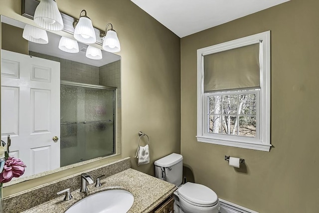 56 Ireta Rd, Shrewsbury, MA 01545 - bathroom with an enclosed shower, toilet, vanity, and baseboard heating
