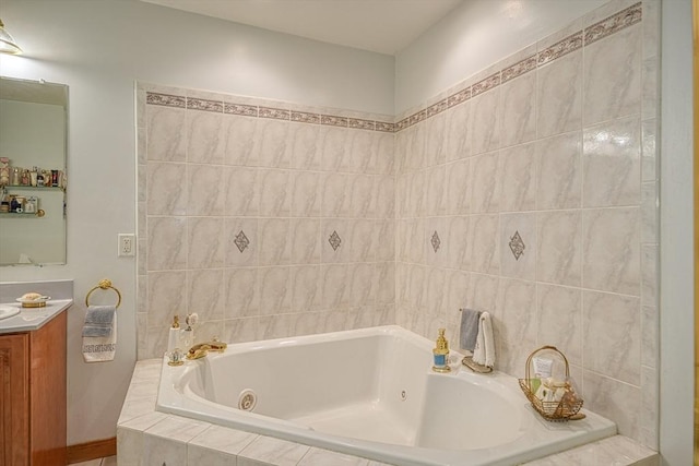 bathroom with a relaxing tiled tub and vanity