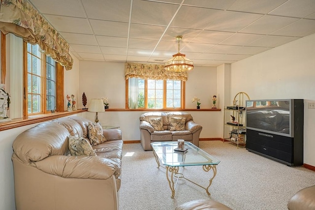 carpeted living room with a drop ceiling and a chandelier