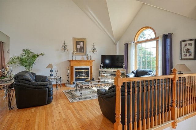 living room with hardwood / wood-style floors and vaulted ceiling