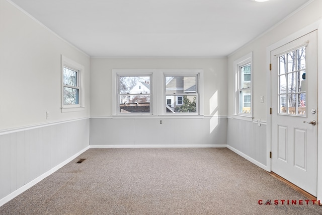 carpeted spare room featuring ornamental molding and a healthy amount of sunlight