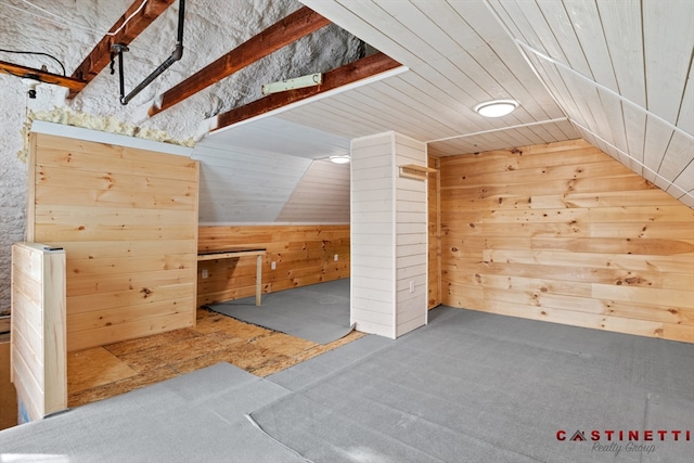 additional living space featuring wood ceiling, lofted ceiling, and wood walls