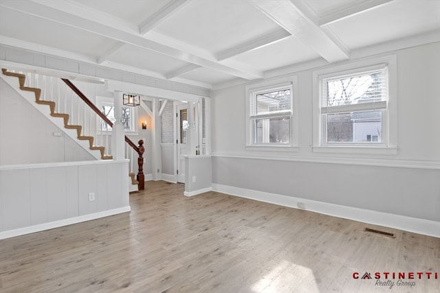 interior space featuring beamed ceiling, coffered ceiling, and hardwood / wood-style floors